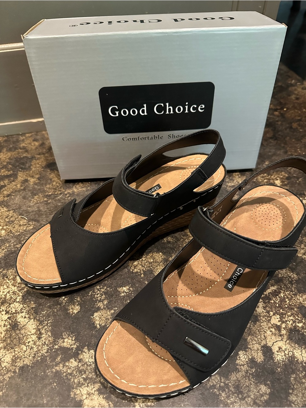 Good Choice Black Wedge Sandals with Adjustable Strap